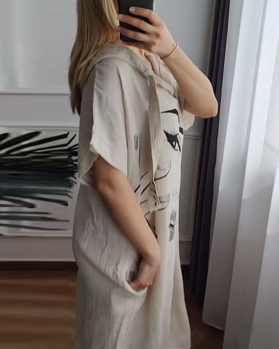 Kjole med Hette Mønstret Løs Passform