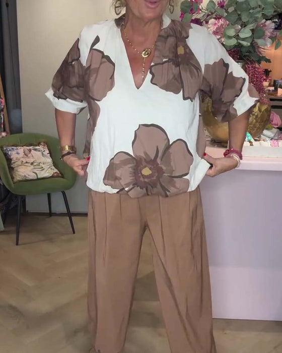 Bluse V-Hals Blomstret Halvlang Erme Avslappet