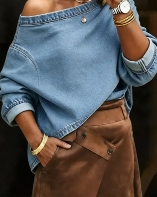 Topp Off-Skulder Løs Denim Lang Erme