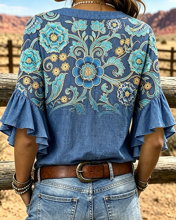 Bluse Bohemisk Trykk V-Utringning Vintage