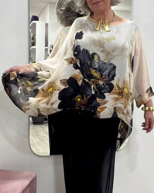 Bluse Langermet Uregelmessig Store Blomstertrykk