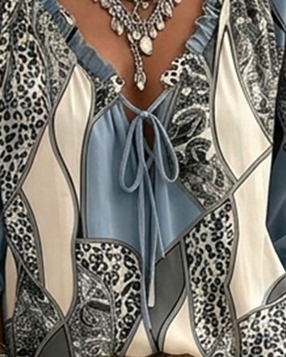 Bluse V-Hals Leopard Puffererme Knyte