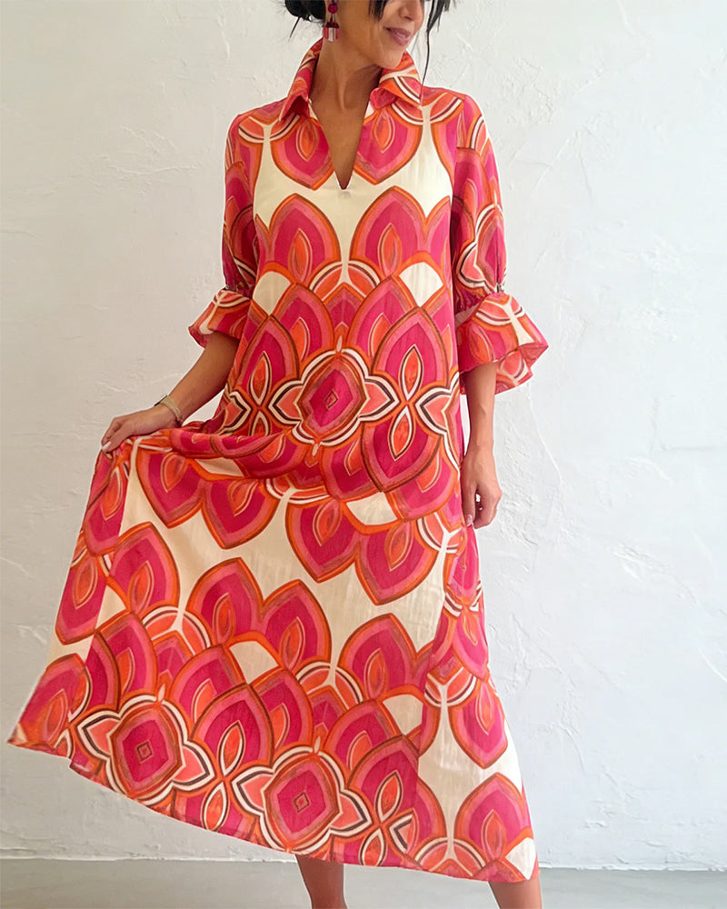 Kjole Elegant V-Hals Langermet Blomstret