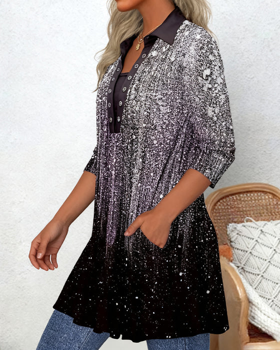 Langermet Bluse Med Krage Og Trykk