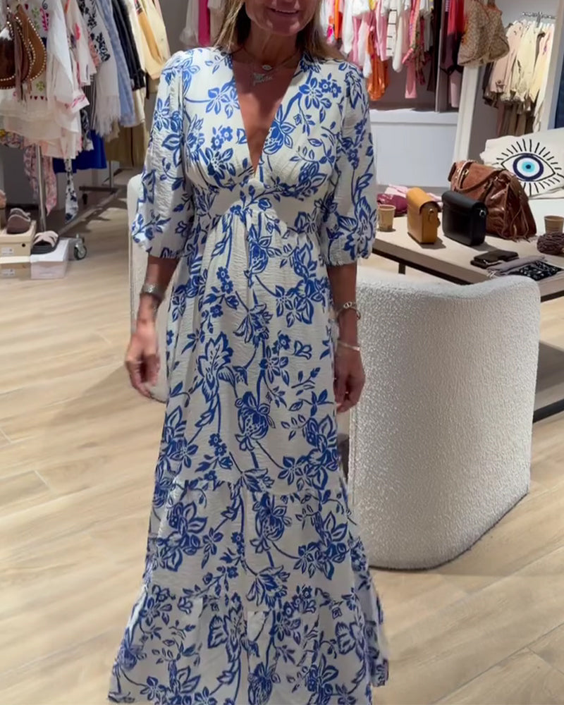 Kjole Dyp V-Hals Elegant Blomstret Lang