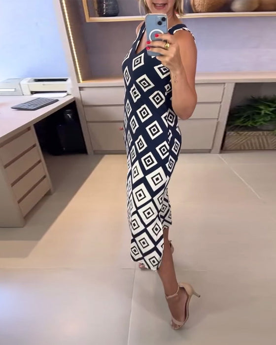 Kjole V-Hals Diamantmønster Ermeløs