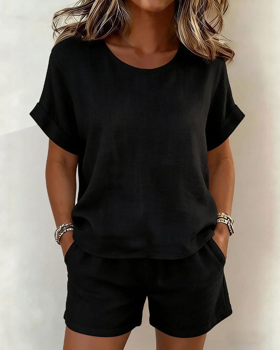 Set Solid Rund Hals Kort Erme Shorts