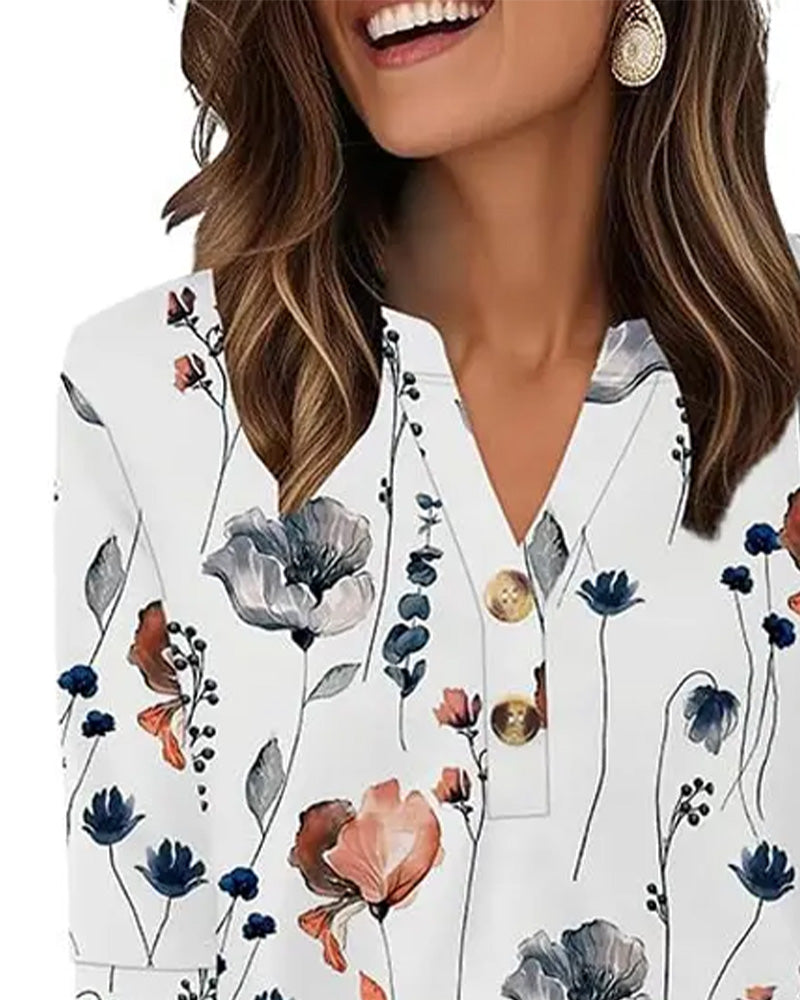 Bluse V-Hals Knappet Trekvart Erme