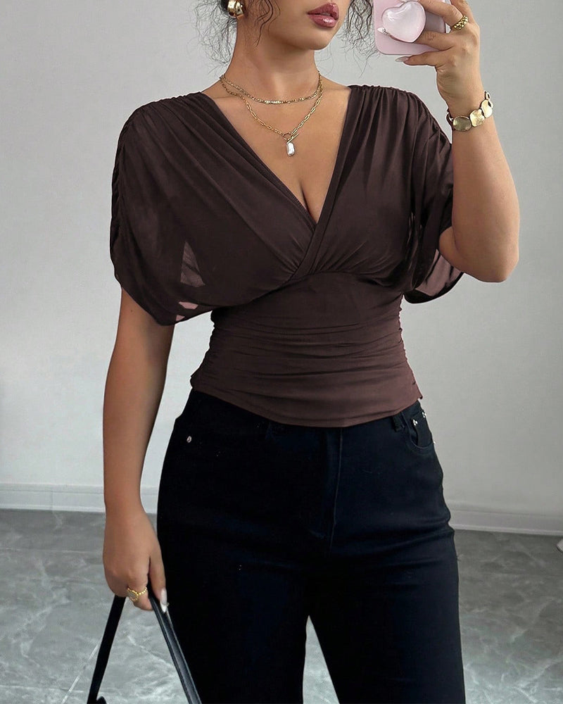 Bluse Solid Farge Dyp V-Hals Midje Kort Erme