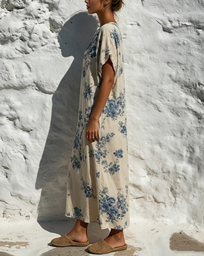 Kjole Rund Hals Vintage Blå Floral