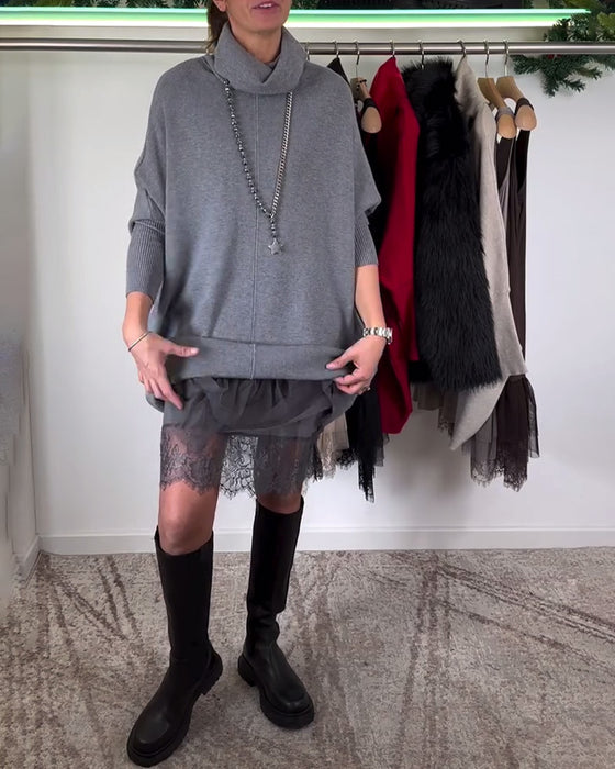 Stropper Blonder Mesh Kjole Drakt Høy Krage Flagermuserm