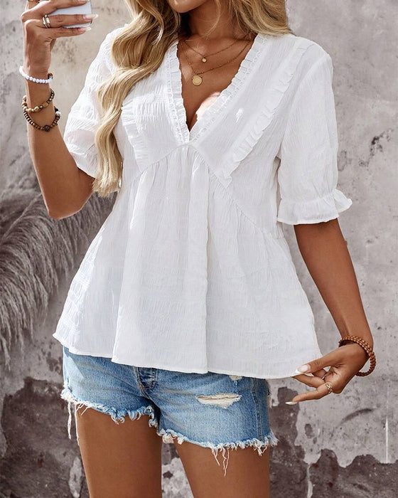 Bluse V-Utringning Rysje Ensfarget Babydoll