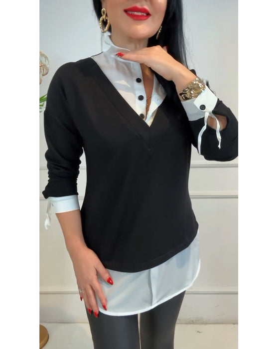 Topp Svart Og Hvit Patchwork Krage