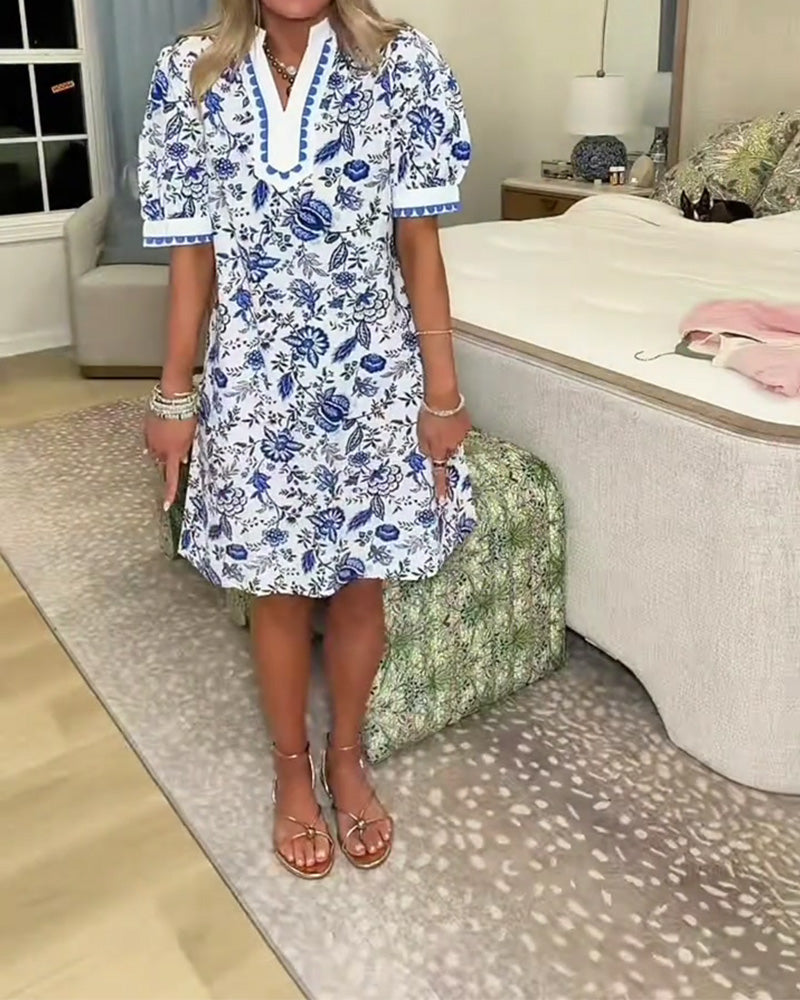 Kjole Blått Og Hvitt Porselen Trykk V-Hals