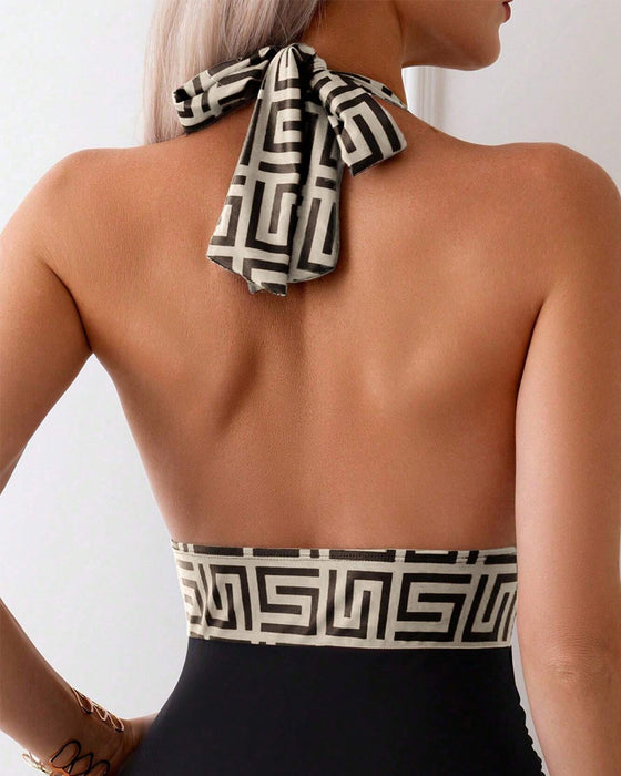 Badedrakt Trykt Kontrast Halterneck Én Del