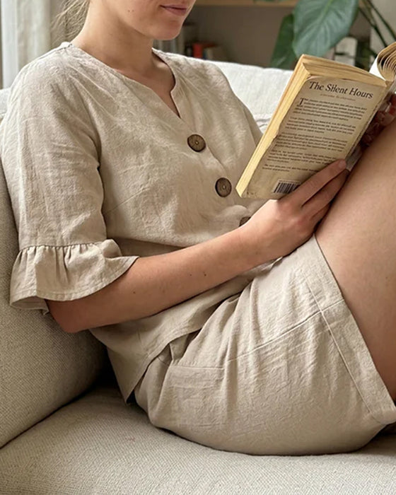 Set Ruffle Knapp Kort Erme Shorts