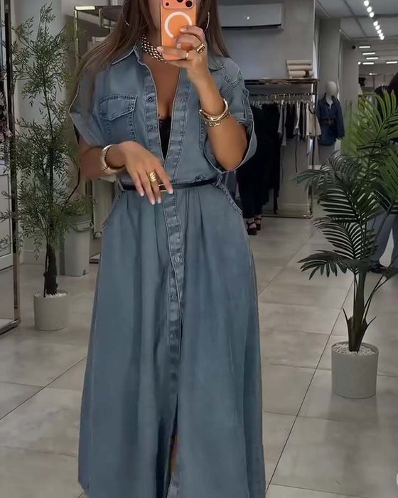 Kjole Skjorte Krage Lomme Knapp Denim