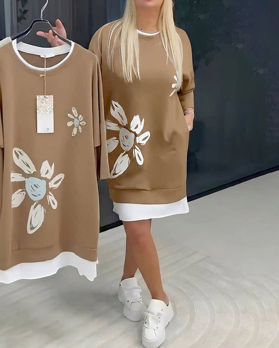 Sweatshirtkjole Rund Hals Trykt Lappeteknikk