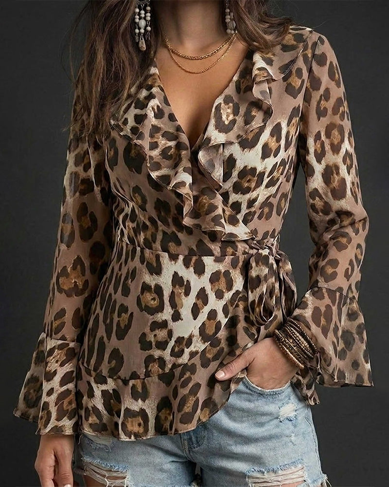 Bluse V-Hals Ruffle Leopard