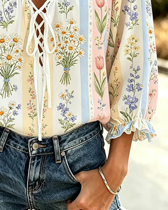 Bluse Fargeblokk Blomstret Knyting V-Hals
