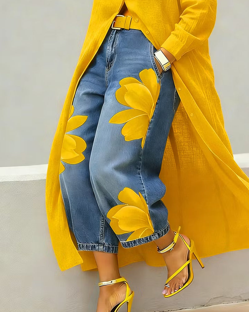 Blomstertrykte Jeans Korte Bredbeinte