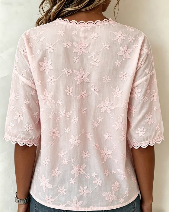 Bluse Tredimensjonal Blomst V-Hals Halv Erme