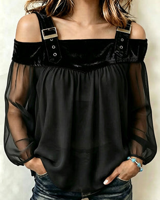 Bluse Fløyel Panel Stilig Cold Shoulder