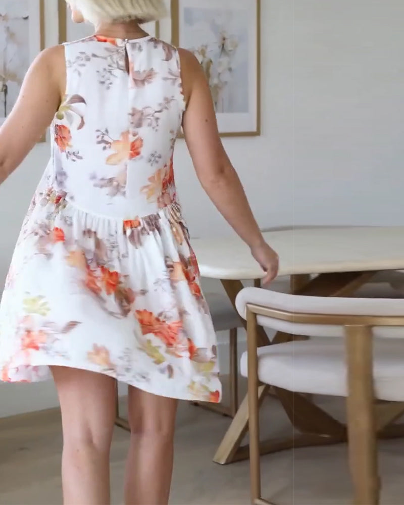 Kjole Ermeløs Plissert Blomstertrykk