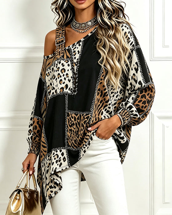Bluse Leopard Trykk Patchwork Asymmetrisk Hals Lang Erme
