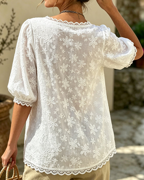 Bluse Med Firkantet Hals Puffermet Jacquard