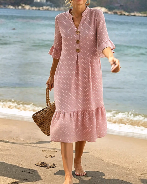 Kjole Polka Dot V-Hals Rynket Erme