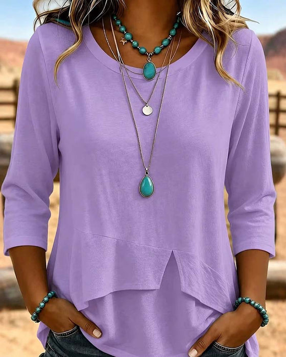 Topp Crew Hals Patchwork Asymmetrisk Fald