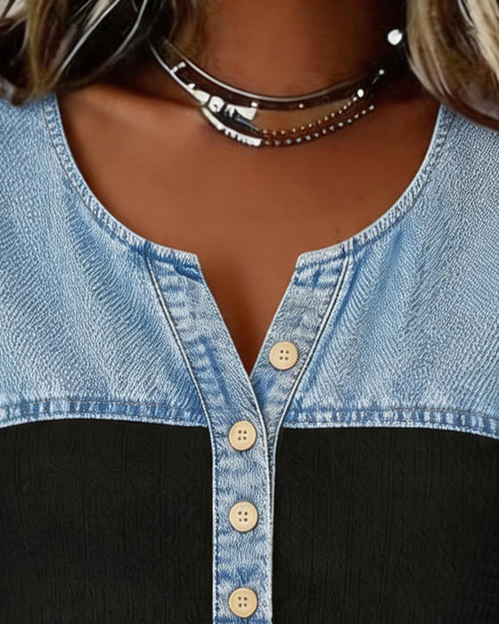 Bluse Denim Patchwork Kort Erme