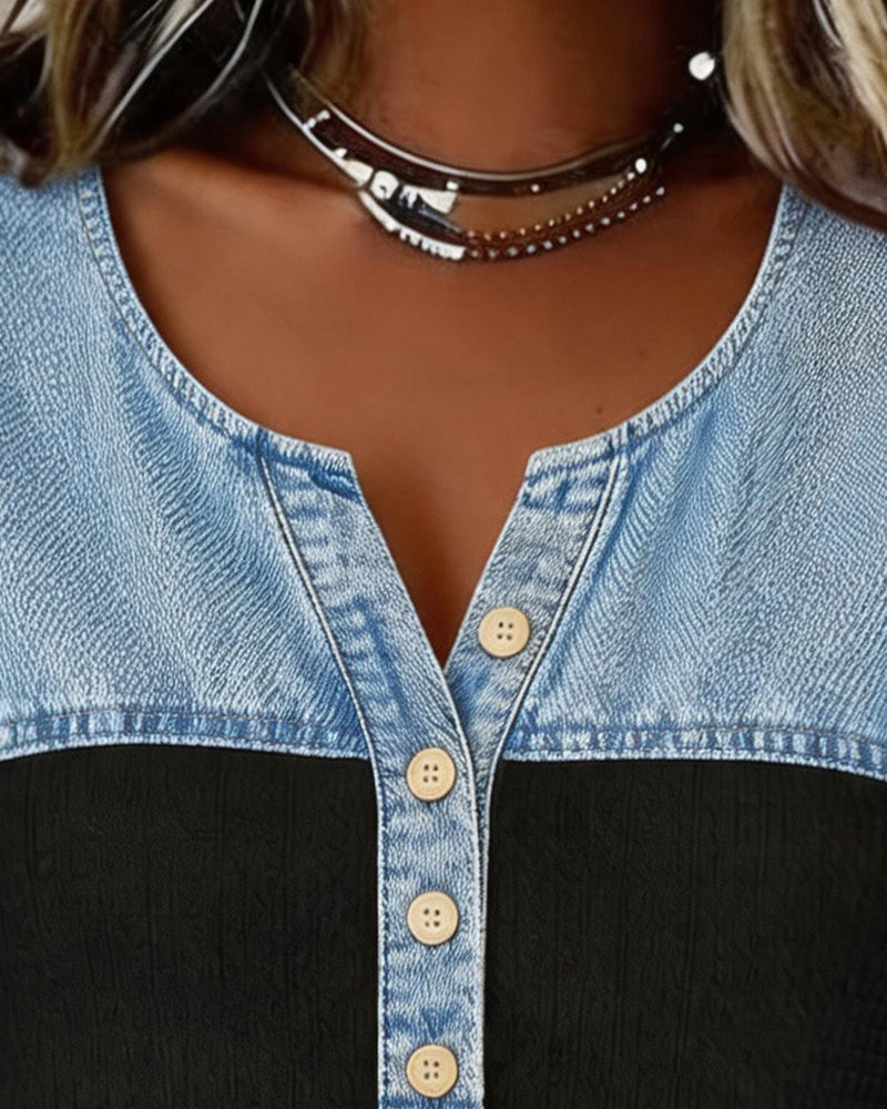 Bluse Denim Patchwork Kort Erme