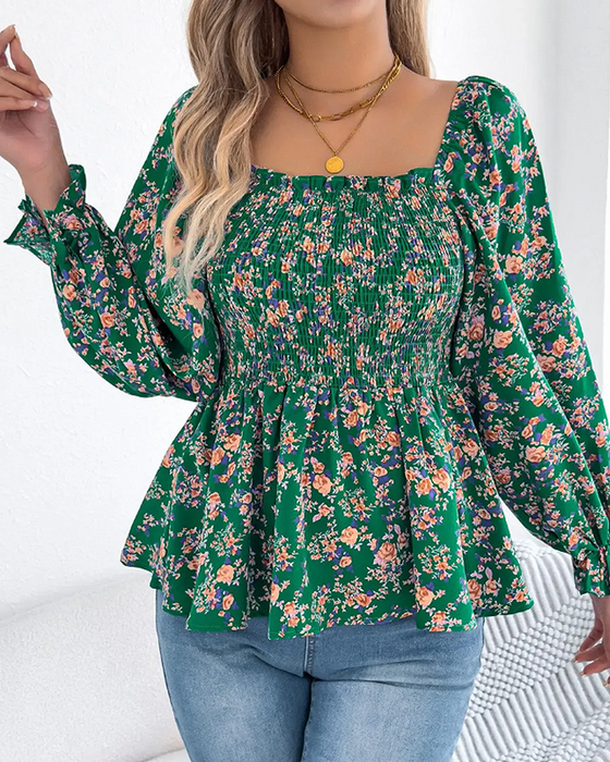 Bluse Firkantet Hals Rynket Blomstret Ruffle