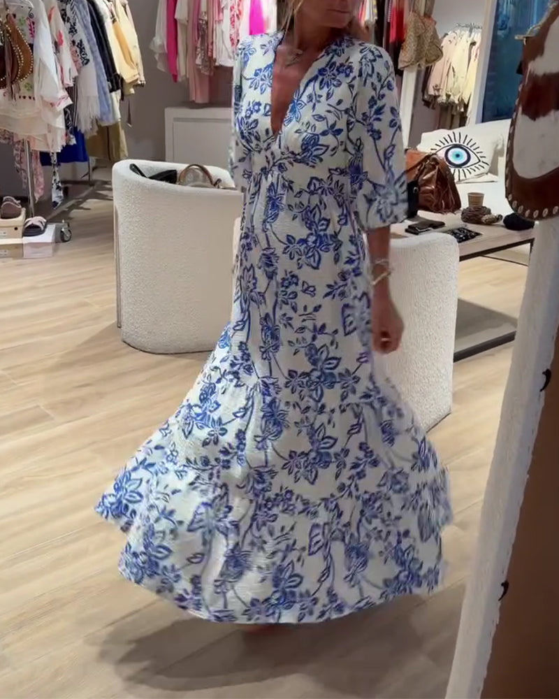 Kjole Dyp V-Hals Elegant Blomstret Lang