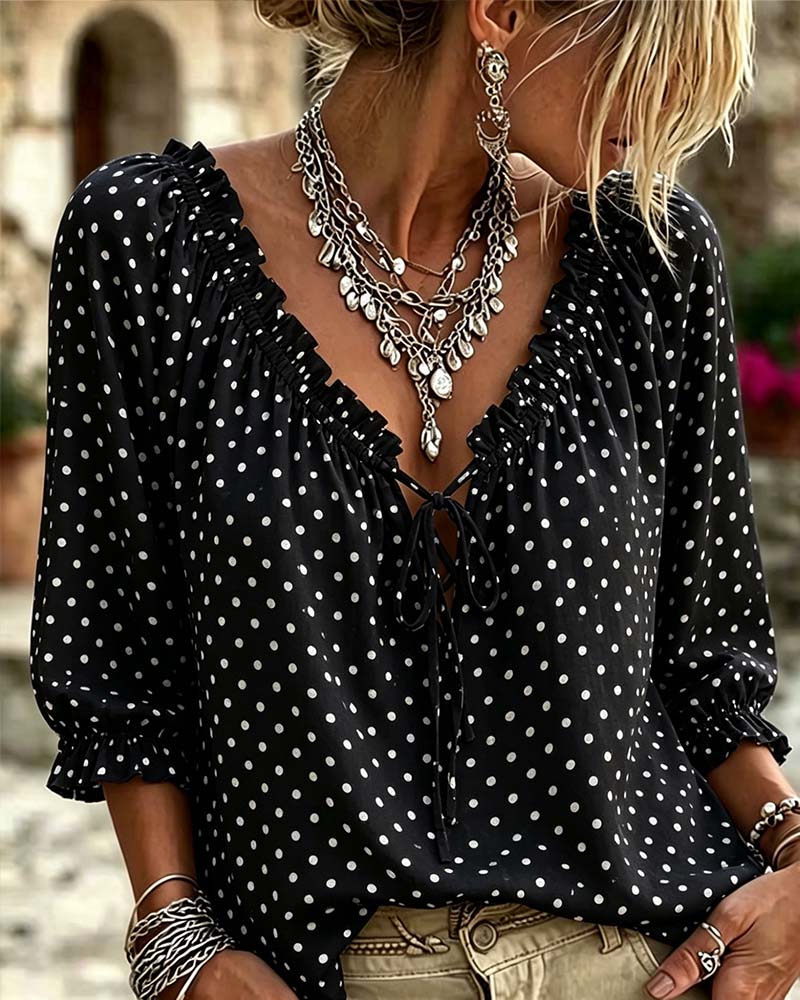 Bluse V-Hals Ruffle Polka Dot Knyting