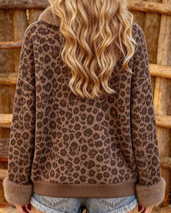 Sweatshirt Slag Knappet Leopard Trykk Langermet