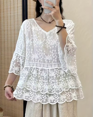 Bluse Kort Erme Blonder Trim