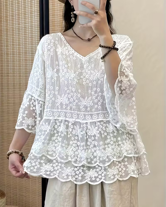 Bluse Kort Erme Blonder Trim