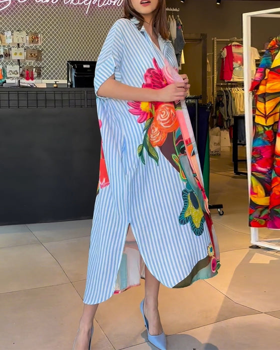 Vertikal stripete jakkeslagsbluse med karaktertrykk