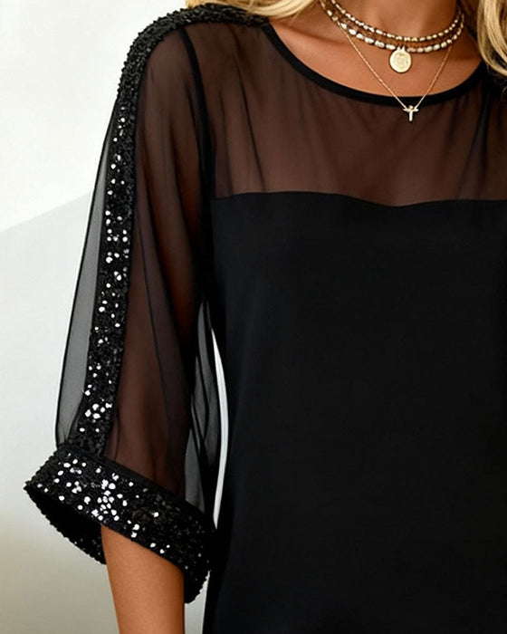 Kjole Glitter Innfelt Mesh Rund Hals