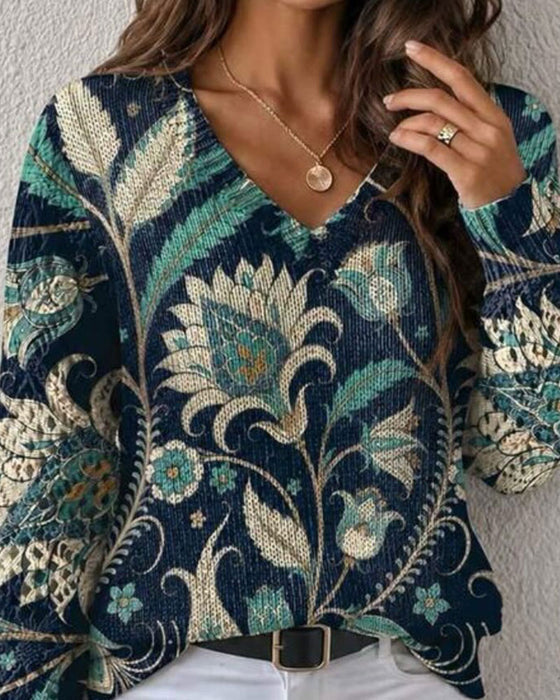Pullover V-Hals Langermet Blomstret Trykk