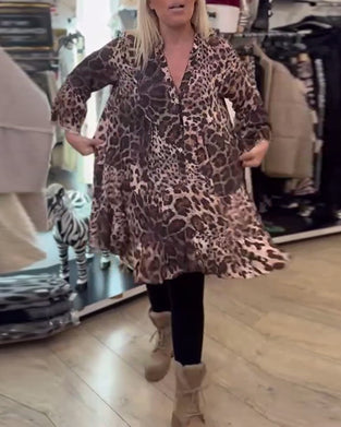 Kjole Langermet Leopardskrift