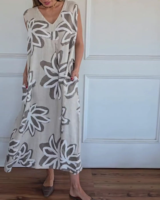 Kjole V-Hals Abstrakt Blomstret Ermeløs