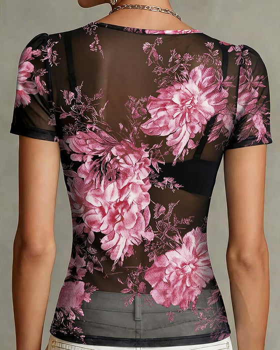 T-Shirt Med V-Hals Og Blomstermønster Kort Erme