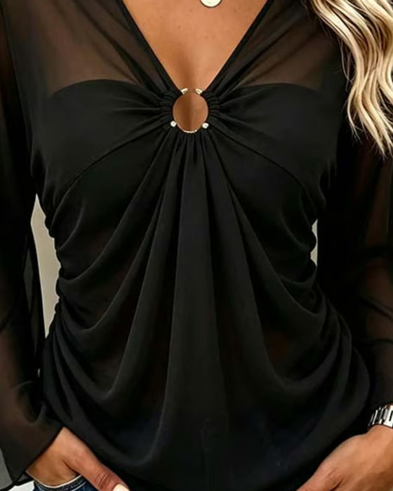 Bluse V-Hals Metall Ring Twist