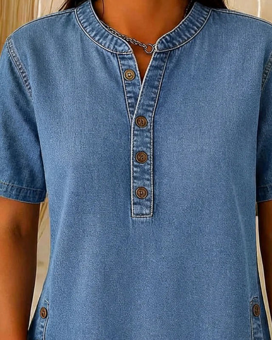 Topp Knepp-Front Denim Kort Erme