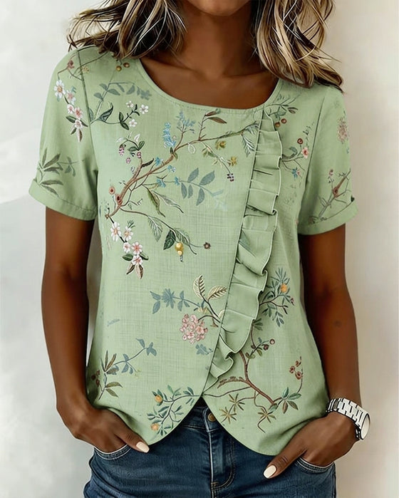 Bluse Rundhalset Kortsermet Rysje Blomstret