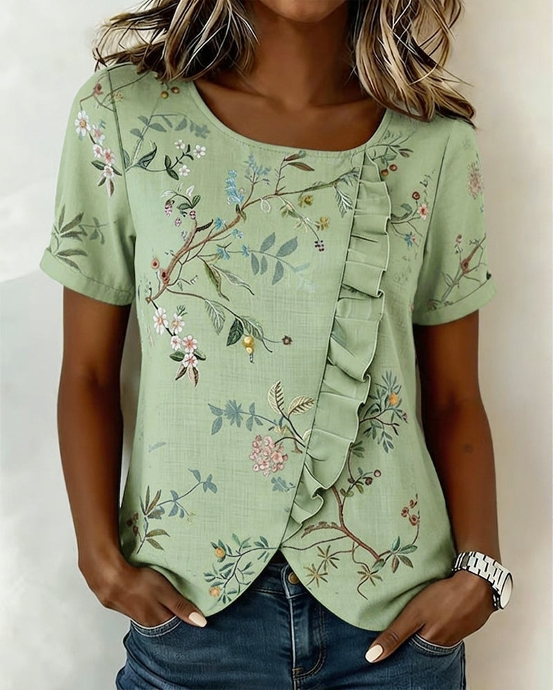 Bluse Rundhalset Kortsermet Rysje Blomstret